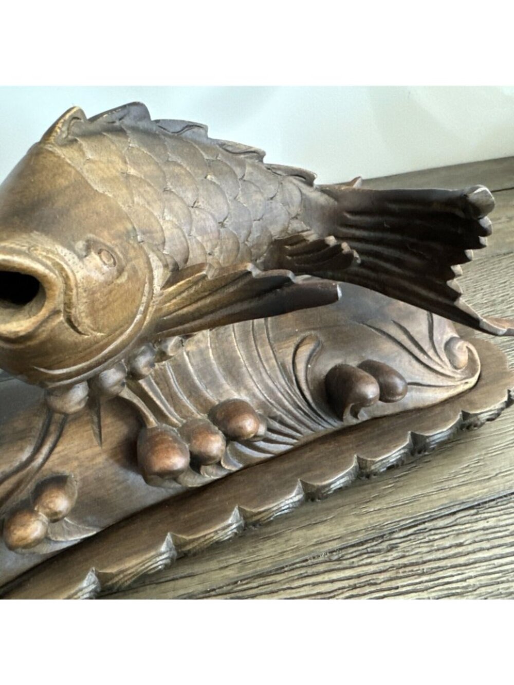 Smoking Carp Leaping Over The Dragon Gate Boxwood Hand Carved Vtg Decor Candle - Picture 4 of 16